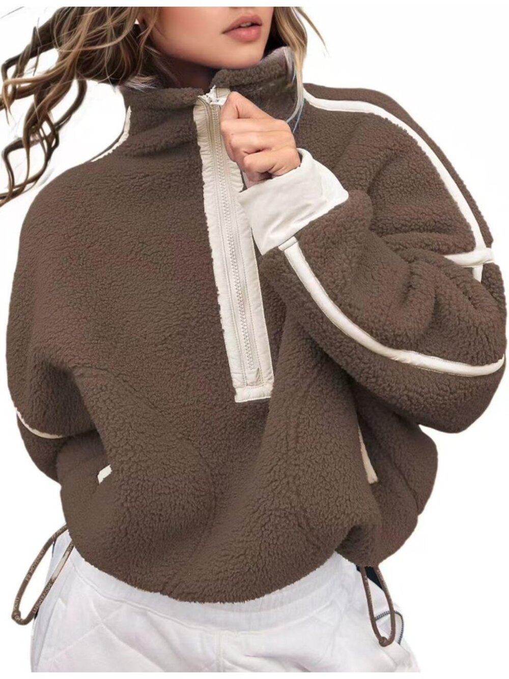 Women’s Brown Fleece Half ZIP Cropped Pullover Pocket Oversized Sweatshirt